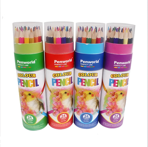 24-colour wooden pencil tube set arranged in a circle showing all colours