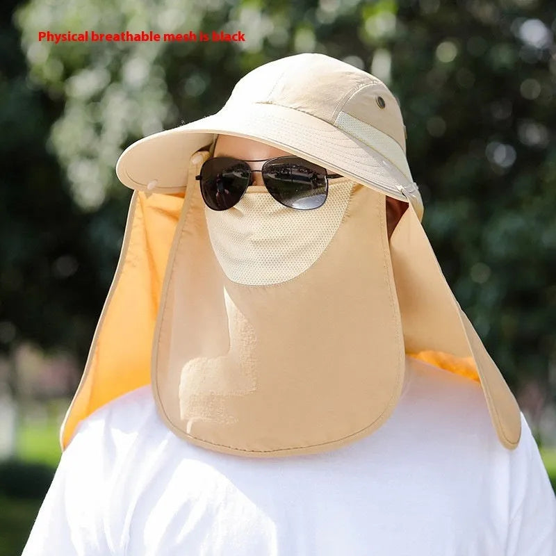 Man's khaki sun hat with wide brim, neck cover, and a visible USB fan module on the front.