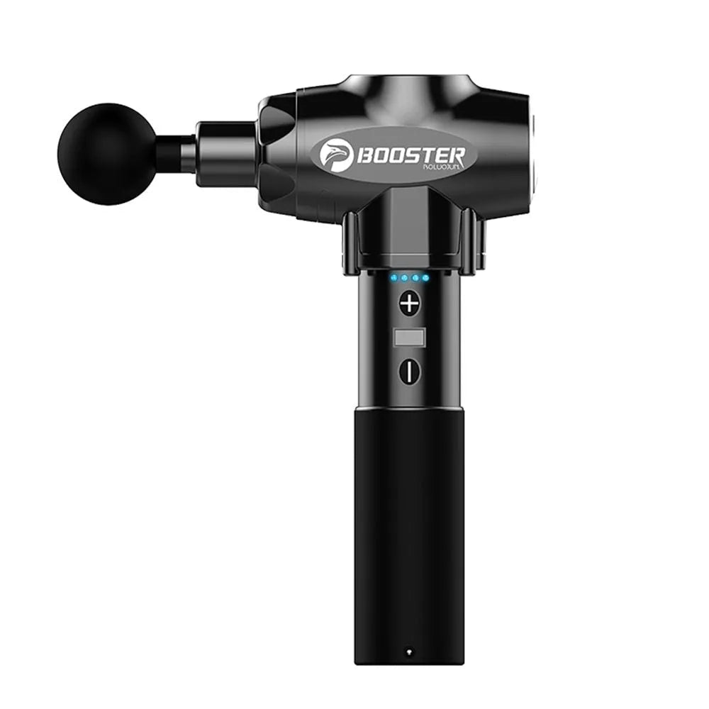 Black and white cordless massage gun with adjustable speed settings for muscle relaxation.