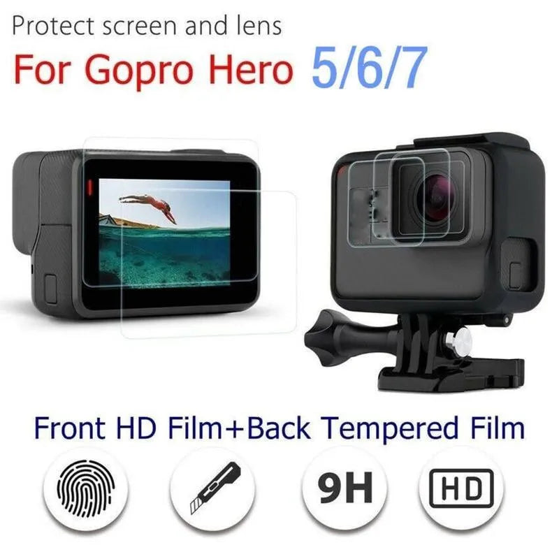 GoPro Hero 5 6 7 camera with transparent tempered glass lens and LCD screen protector films.