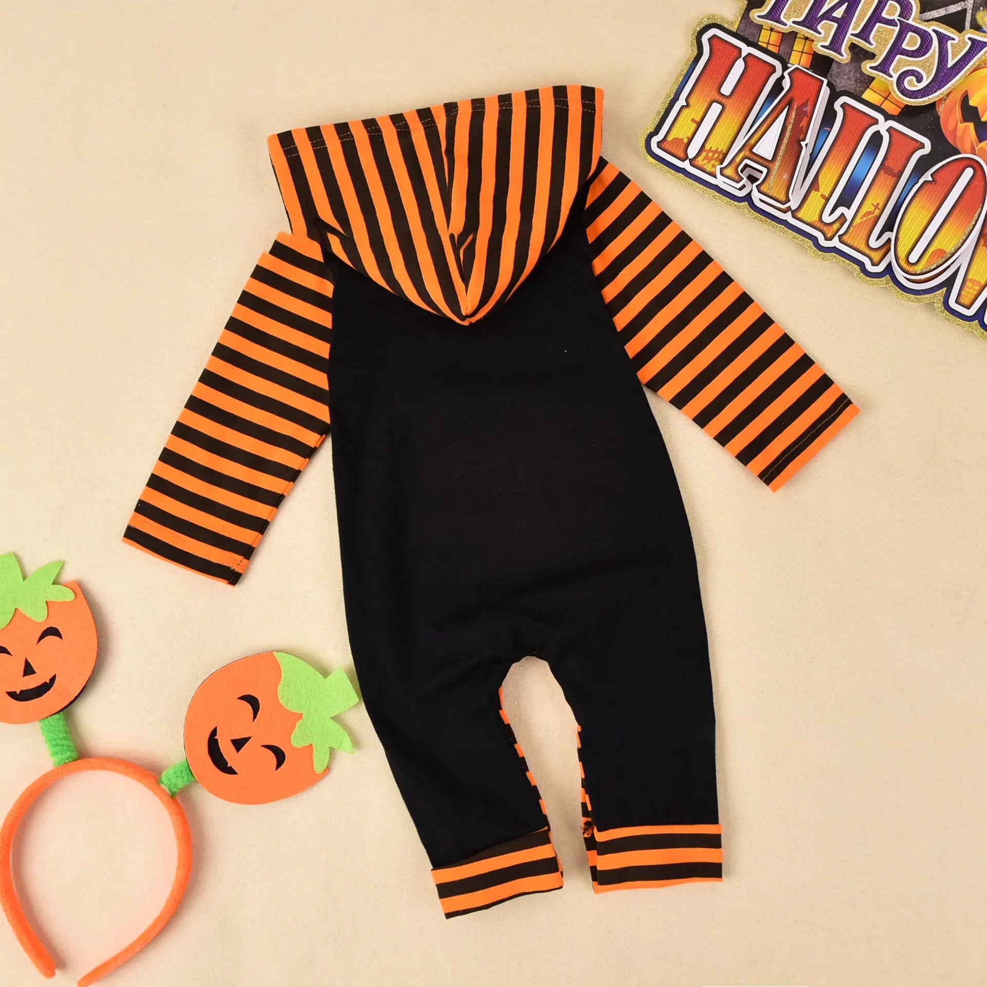 Halloween cotton romper costume with hood and long sleeves in black or brown colour