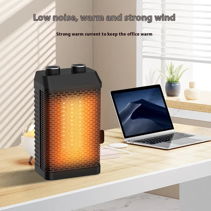 Black desktop smart heater with remote control on a wooden desk