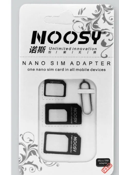 Three SIM card adapters for nano, micro, and standard sizes on a white background.