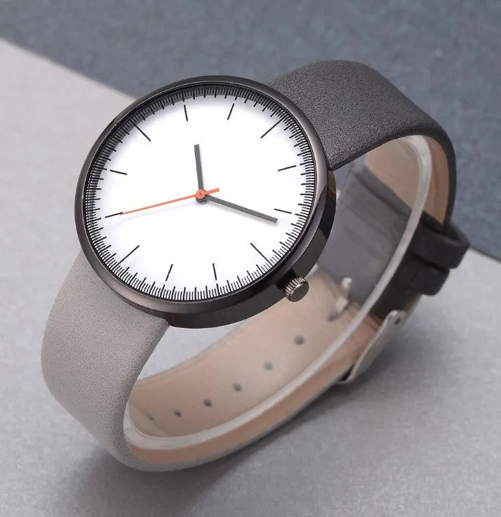 Women's grey contrast PU strap quartz watch with 40mm alloy case, pin buckle, and ordinary glass mirror