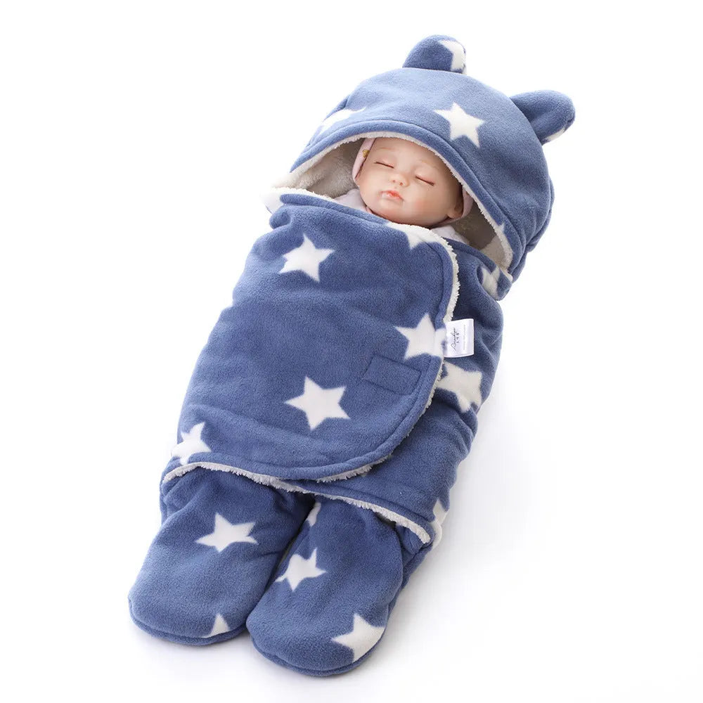 Newborn fleece blanket sleeping bag with cartoon pattern in pink colour, size 65x75cm for cot