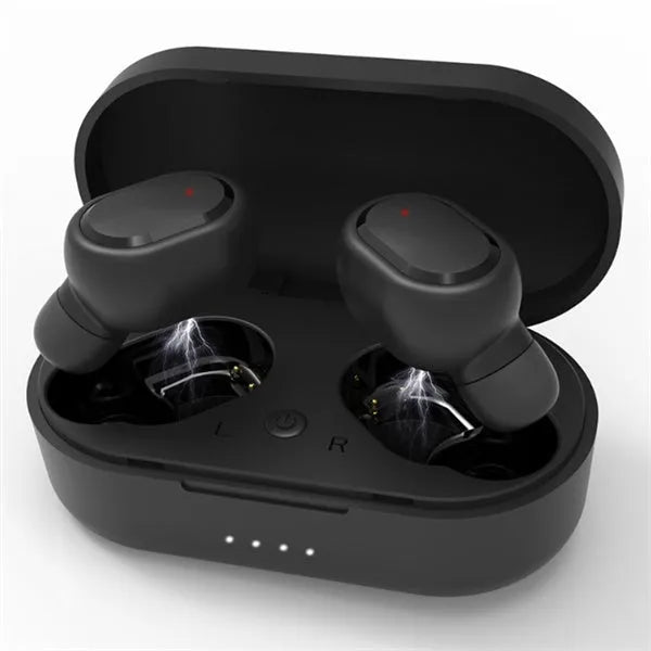 M1 Bluetooth wireless headset with black earbuds showing bilateral stereo design