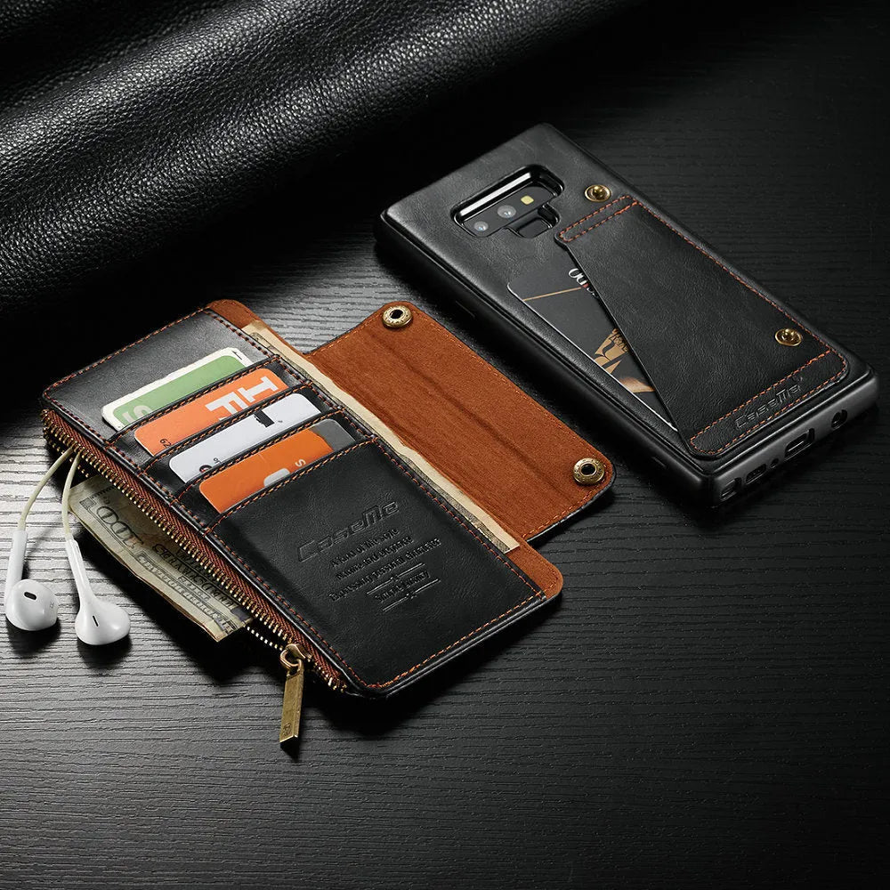 Black PU leather flip phone case open and closed, showing fit for Samsung Note9.