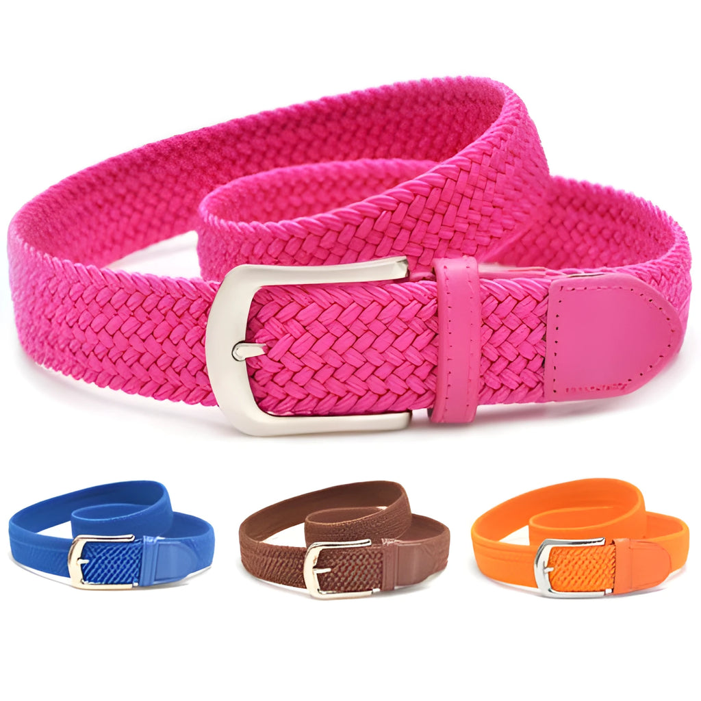 Unisex braided elasticated stretch belt in canvas with alloy buckle, available in multiple colours, on a plain background.