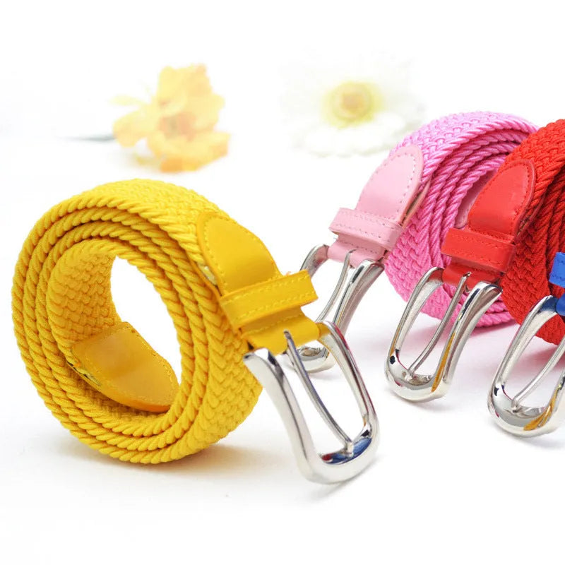 Unisex braided elasticated stretch belt in canvas with alloy buckle, available in multiple colours, on a plain background.