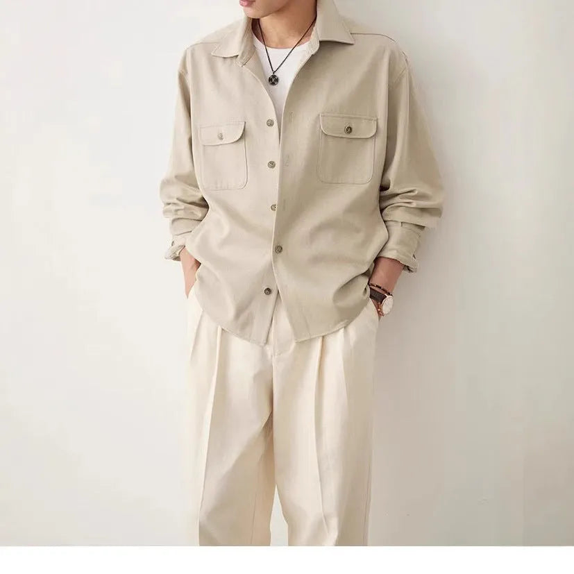 Men's cotton fabric lapel shirt in light sand rice colour on a hanger