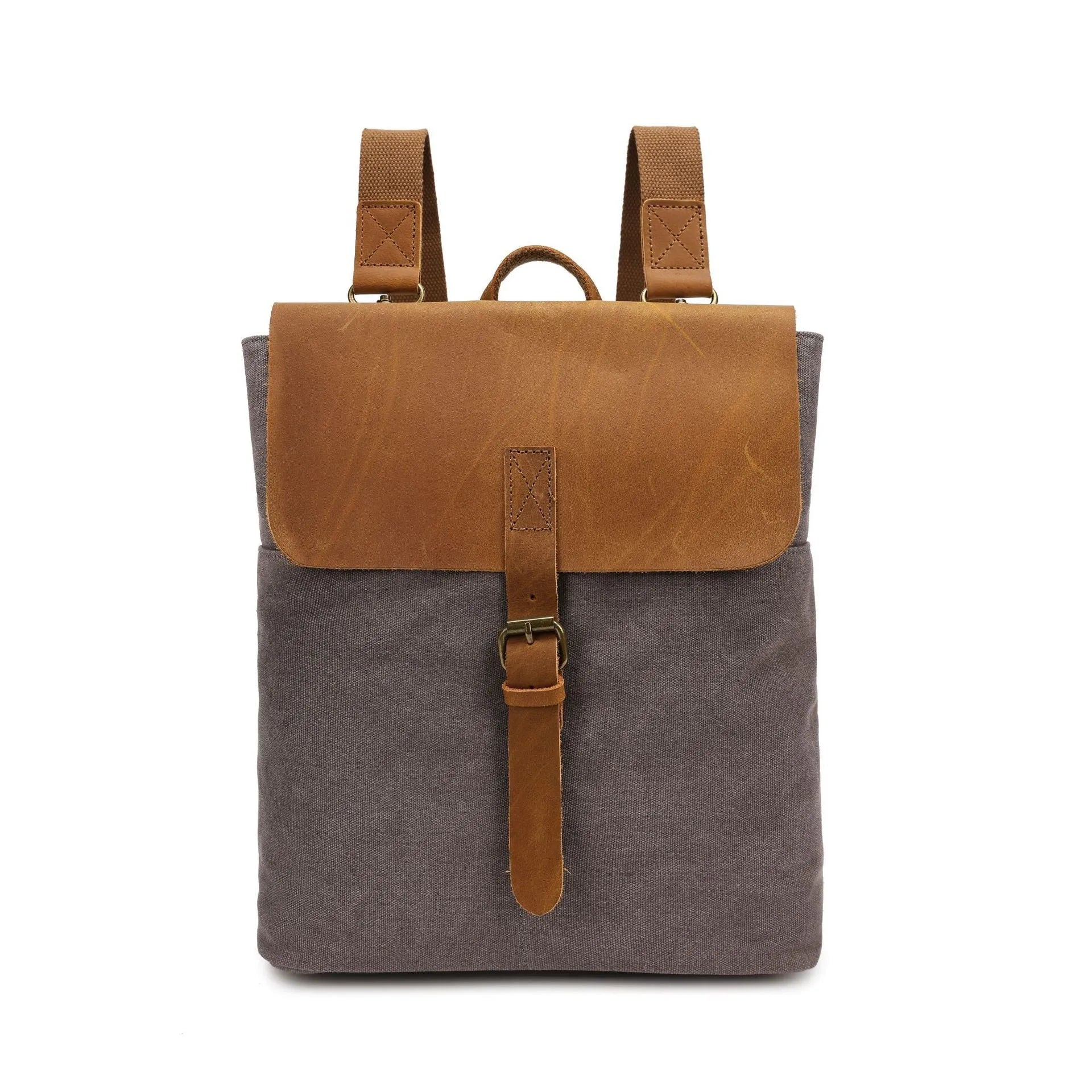 Crazy Horse Leather casual student backpack in waterproof canvas with splicing design
