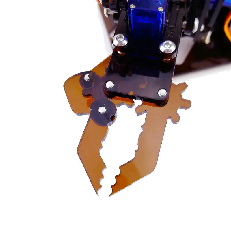 Manipulator robot arm kit with brown and blue acrylic brackets, SG90 servo, and dual rocker control module