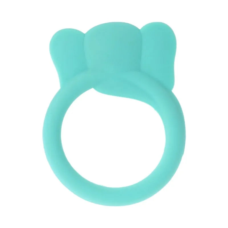 Three silicone baby molar teethers in brown, blue, and yellow on a white background