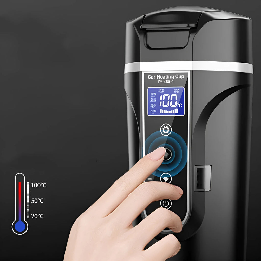 Black car electric heating cup with 400ml capacity, food grade 304 stainless steel inner lining, and power cord placed on a car seat