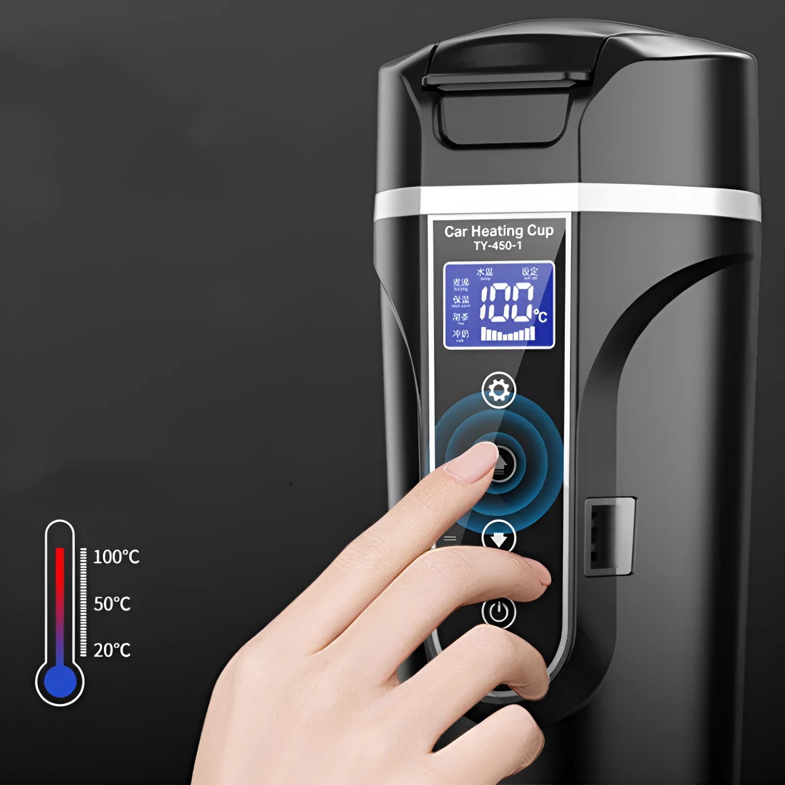 Black car electric heating cup with 400ml capacity, food grade 304 stainless steel inner lining, and power cord placed on a car seat