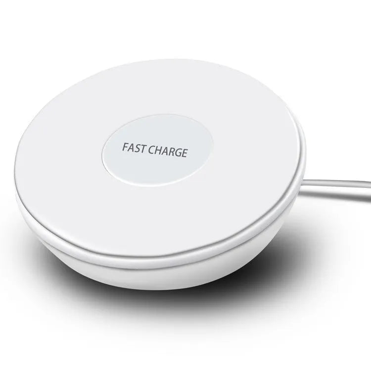 White wireless charging pad with LED clock display showing time, three control buttons, and Qi charging surface for smartphones