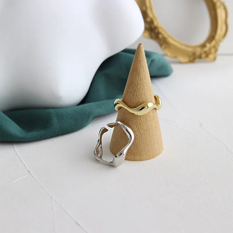 925 silver irregular wavy glossy adjustable ring for women white gold colour