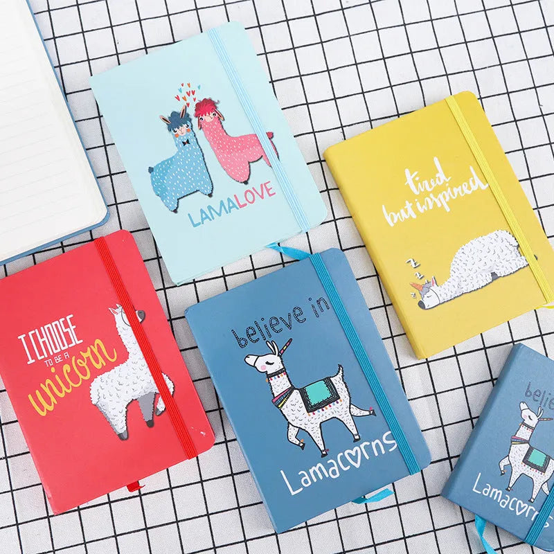 Alpaca cartoon notebook with paper cover showing 96 pages of 80g yellow paper in A5, A6 and A7 size options