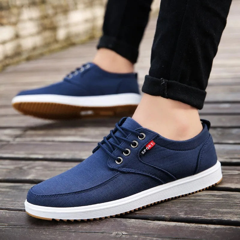 Men's lace-up canvas shoes casual walking flats flat heel black blue grey sizes 39-44