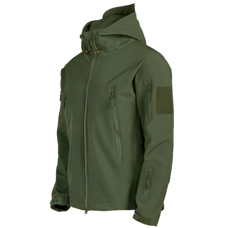 Men's windproof hooded soft shell jacket in black polyester fibre with front zipper and hood