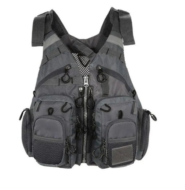 Blue men's fishing life vest with 11 pockets, detachable flotation, and adjustable straps on a white background