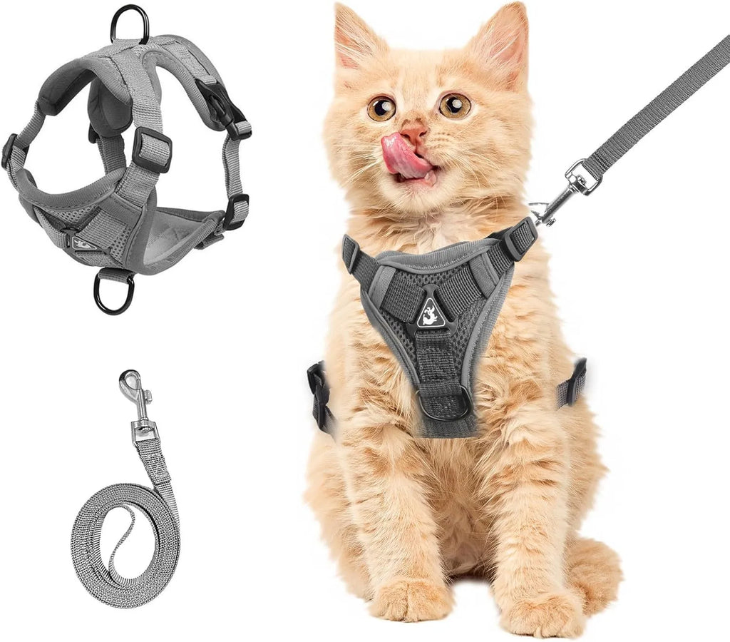 Adjustable mesh cat harness with reflective strips in Blue, Coffee, or Gray colours