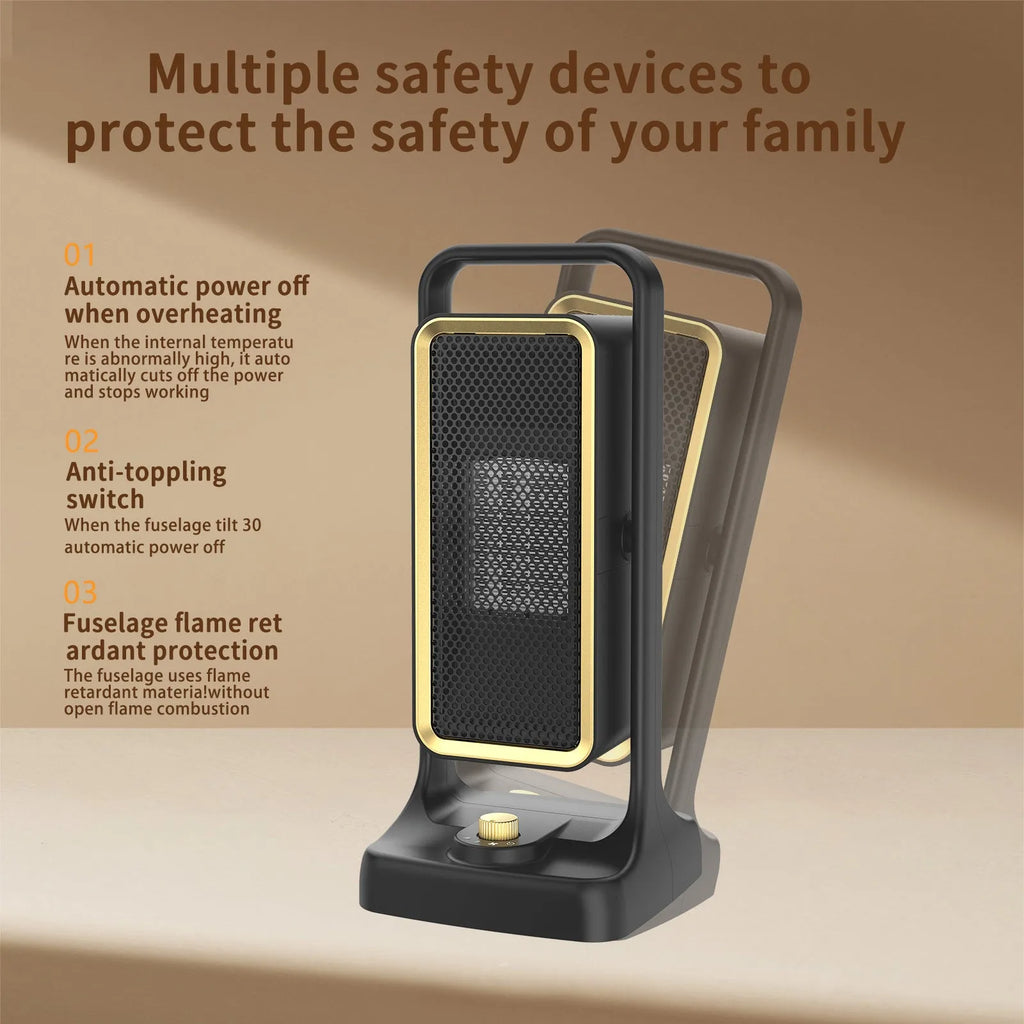 Black desktop PTC ceramic air heater with control knob, measuring 14.9cm wide by 33.5cm high.