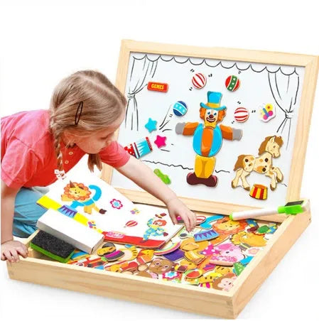 Wooden magnetic puzzle board with animal and zodiac theme pieces for children's educational play