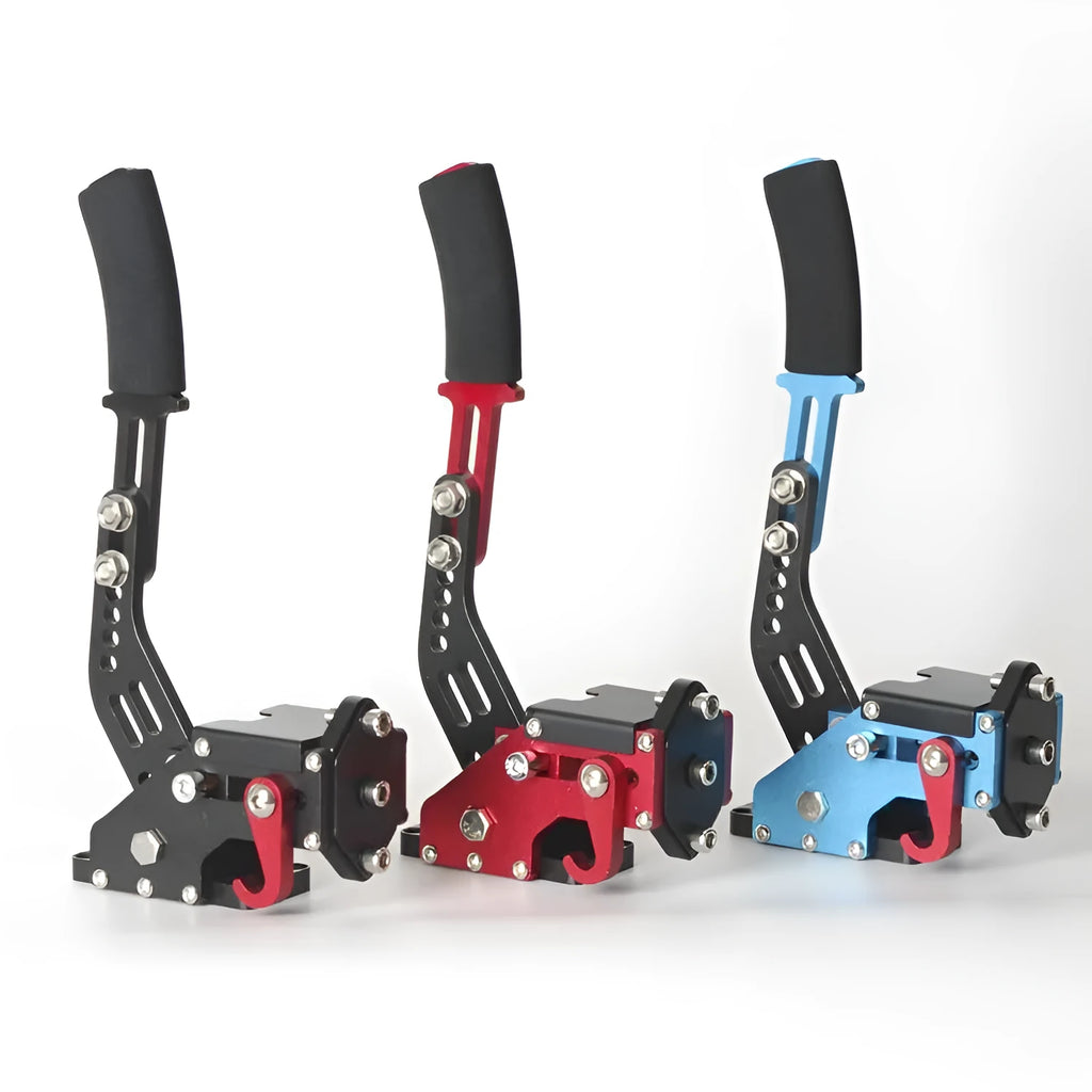Linear sim racing handbrake accessory in red, compatible with Logitech and Thrustmaster steering wheels.