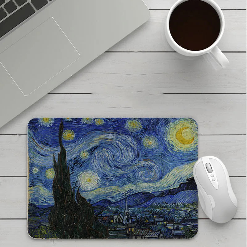 Thick custom cartoon mouse pad with colourful design on a desk, showing black seam edge