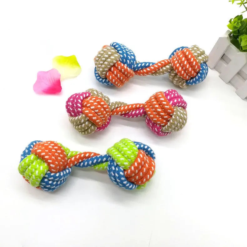 Small dumbbell cotton rope toy in multicolor, approximately 17cm length, for puppy chewing