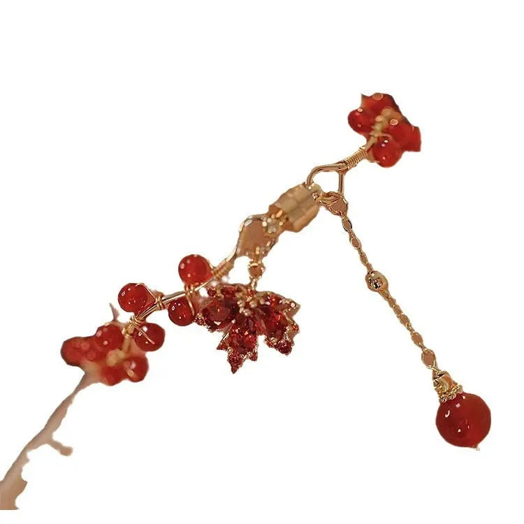 Red ginkgo leaf Chinese style magnetic bracelet with maple leaf girl design and electroplated alloy construction