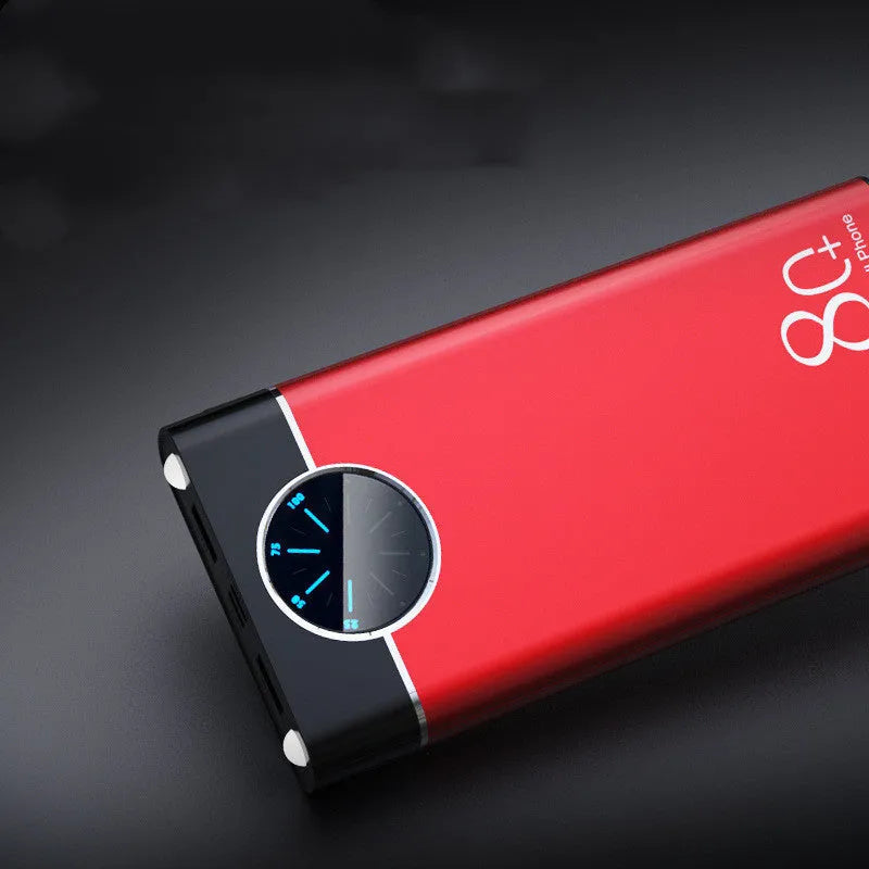 Slim black 20000mAh portable power bank with alloy shell and LED flashlight