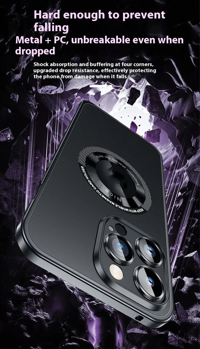 Black metal frame phone case with spring fastener for iPhone 14 Pro Max, frosted finish