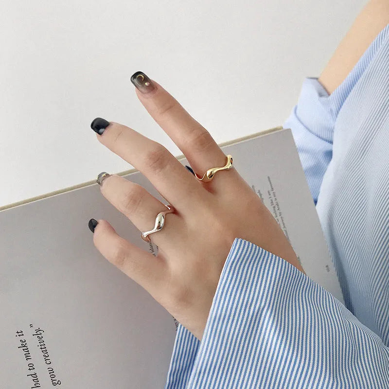 925 silver irregular wavy glossy adjustable ring for women white gold colour