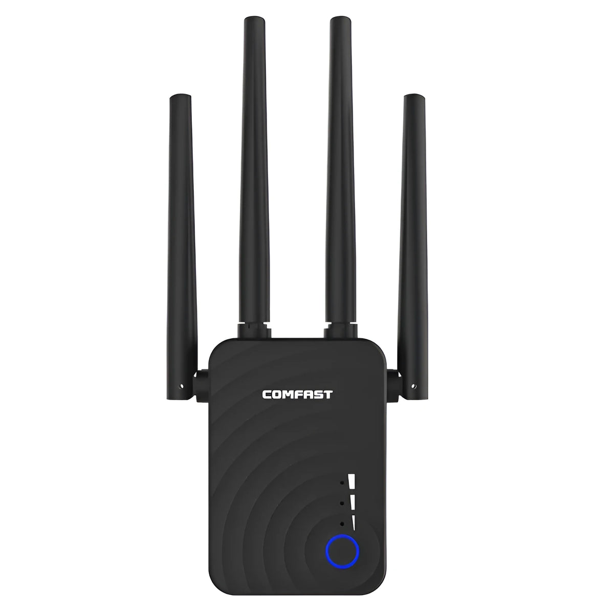 AC1200 dual band WiFi range extender with four antennas and four Ethernet ports in black colour