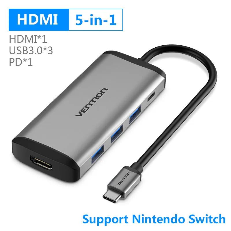 Deep grey aluminium Type-C multi-port hub with HDMI, USB, Ethernet, and card reader ports on a 0.15m cable