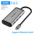 Deep grey aluminium Type-C multi-port hub with HDMI, USB, Ethernet, and card reader ports on a 0.15m cable