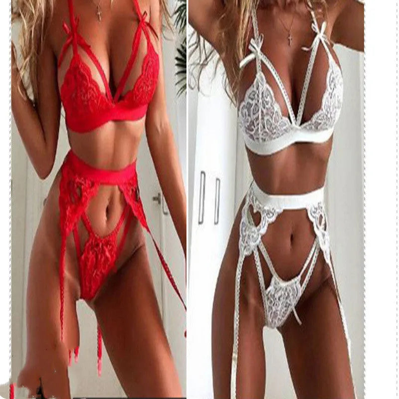 Red and white lace lingerie set for women, cute girl cosplay style.