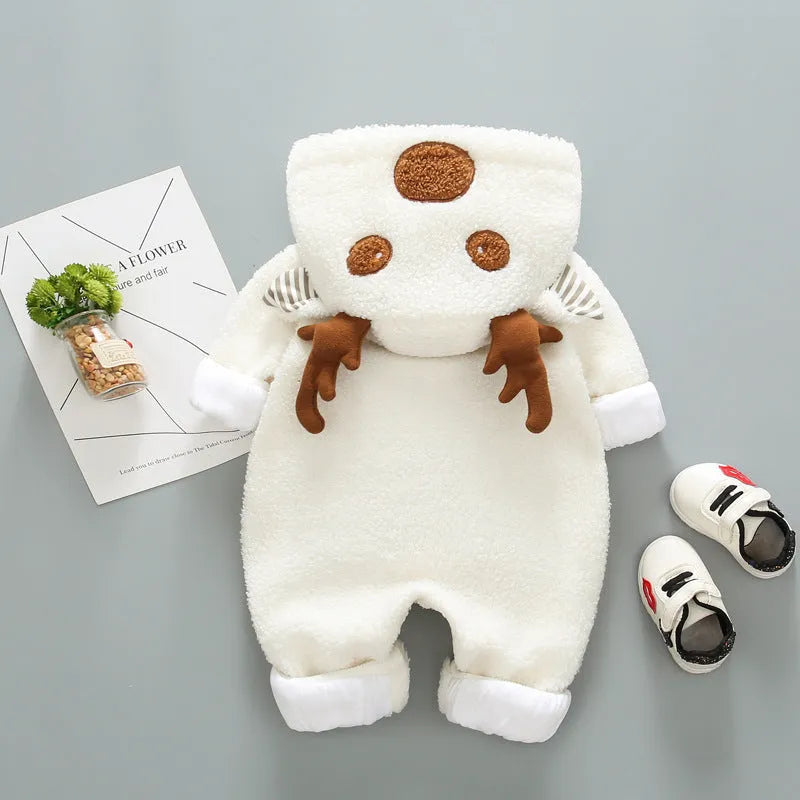 Long sleeve baby romper with lace-up strap closure in khaki, pink, or white colour.