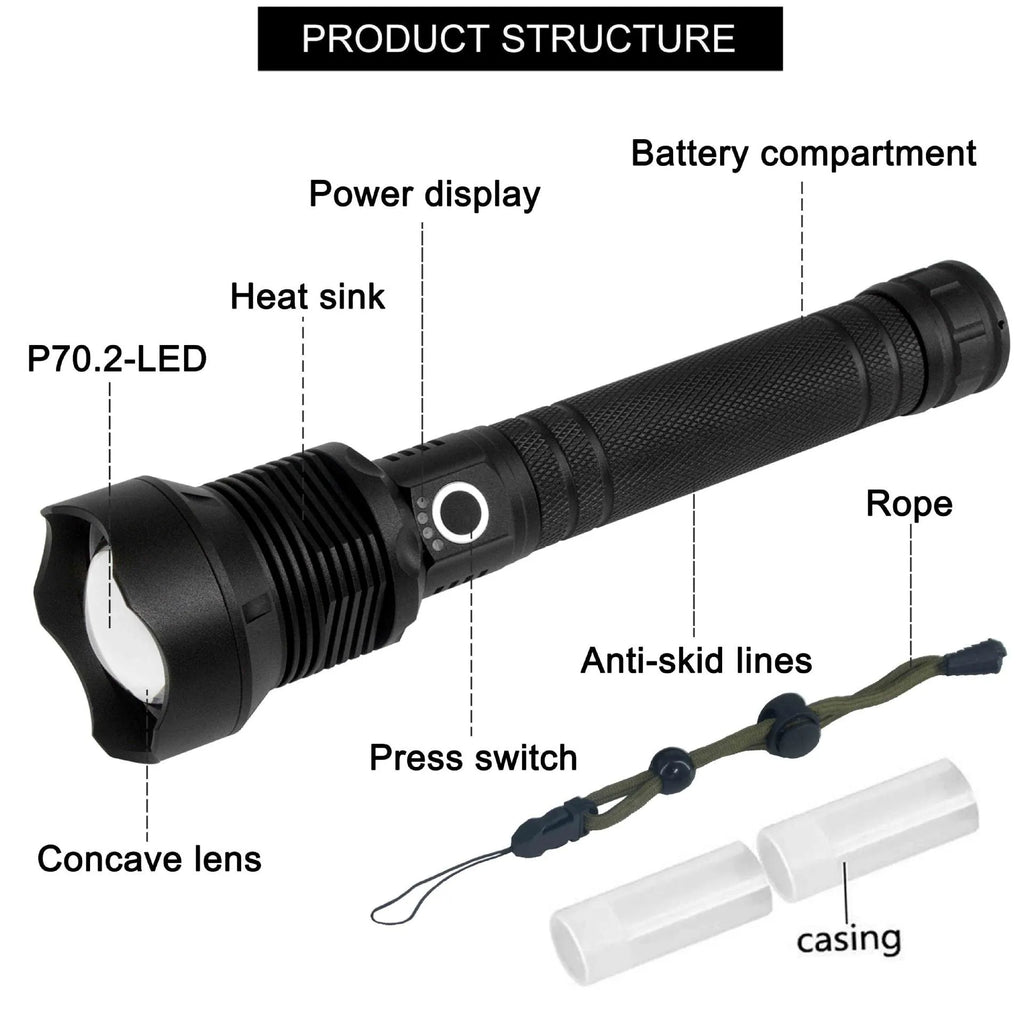 Black USB rechargeable P70 LED flashlight 4000 lumens with telescopic zoom and aluminium alloy body on outdoor background