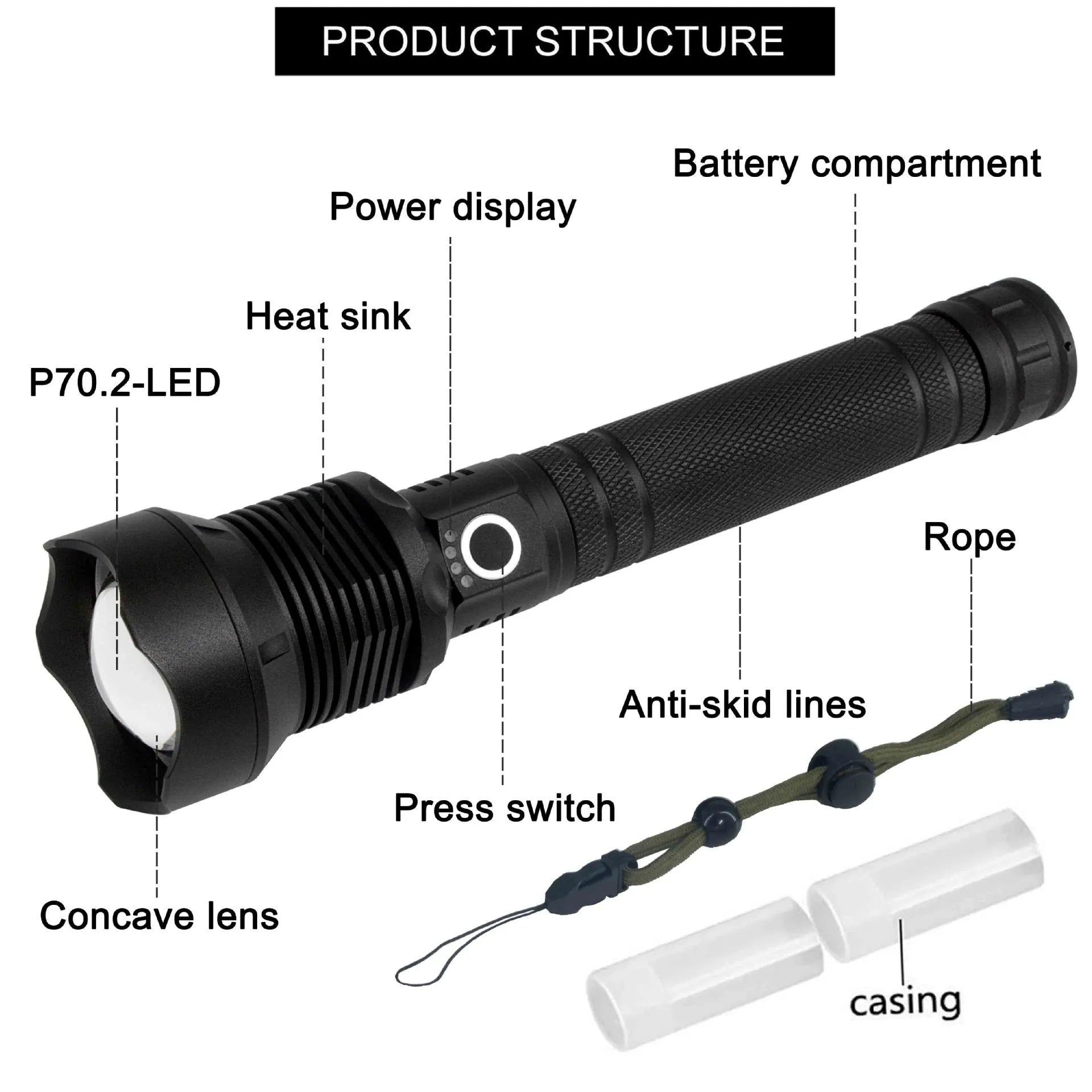 Black USB rechargeable P70 LED flashlight 4000 lumens with telescopic zoom and aluminium alloy body on outdoor background
