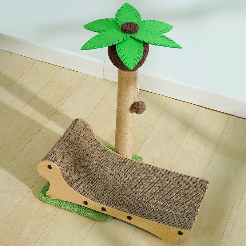 Wooden beach chair-shaped cat climbing frame with a scratch board and a light-coloured hemp mat.