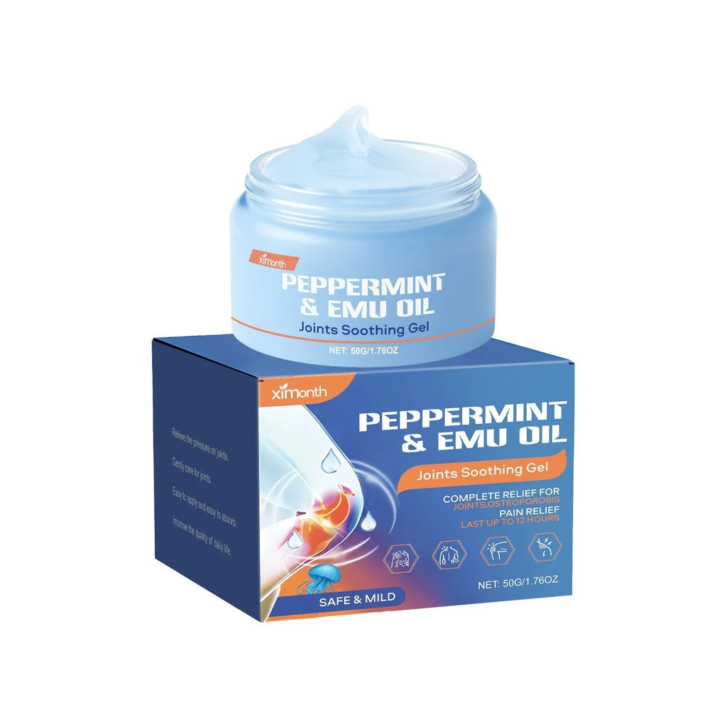 50g tube of joint soothing gel with menthol, mint leaf, and emu oil formula.