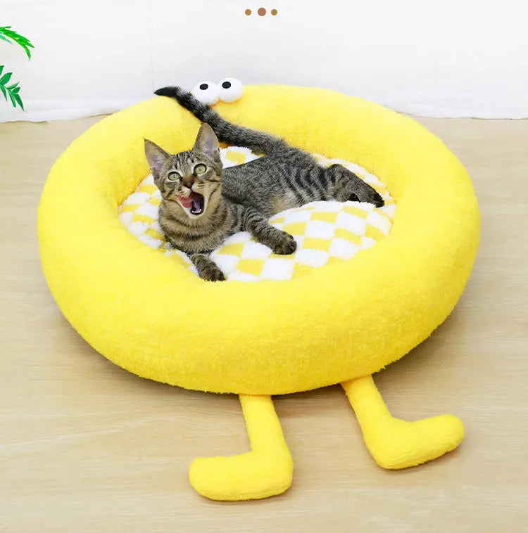 Plush round pet nest bed for small dogs in black, pink, or yellow colours