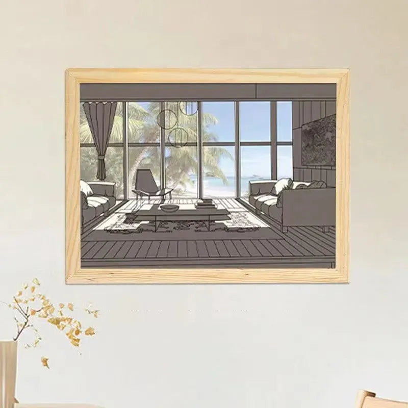 LED illuminated decorative picture light on a bedside table showing a sunny landscape scene.