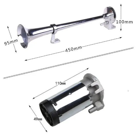 Single trumpet loud car horn with chrome finish, 450mm length, 12V for vehicles