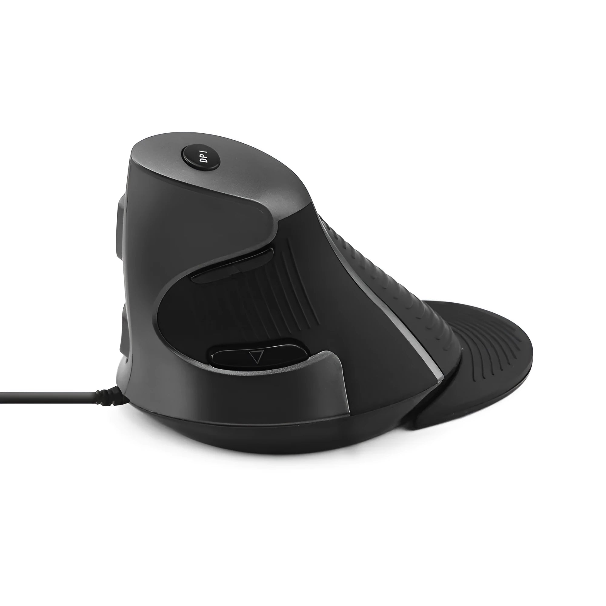 Black and white vertical ergonomic wired computer mouse showing handshake grip position