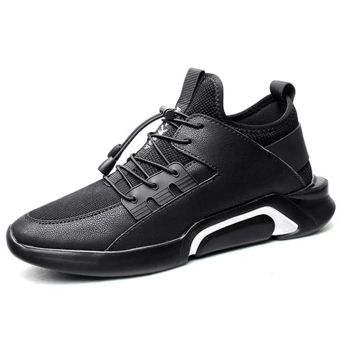 Men's black breathable mesh running shoes with non-slip PU sole, low heel, side view