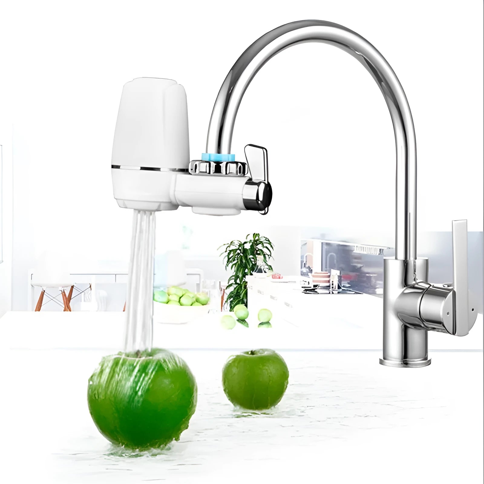 White plastic faucet water filter with ceramic cartridge and set of thread adapters